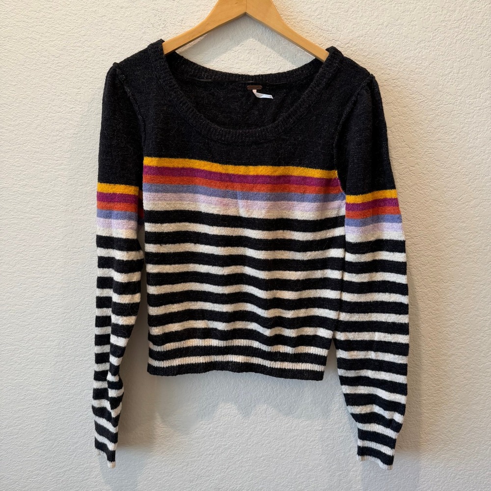 Free People Striped Knit Sweater Black Multi Color Scoop Neck Pullover Small